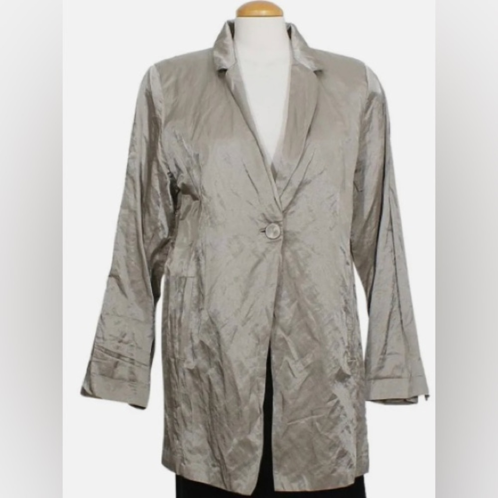 EILEEN FISHER Sz M Stone Gray Metallic Crinkle Shimmer Jacket Blazer Designer